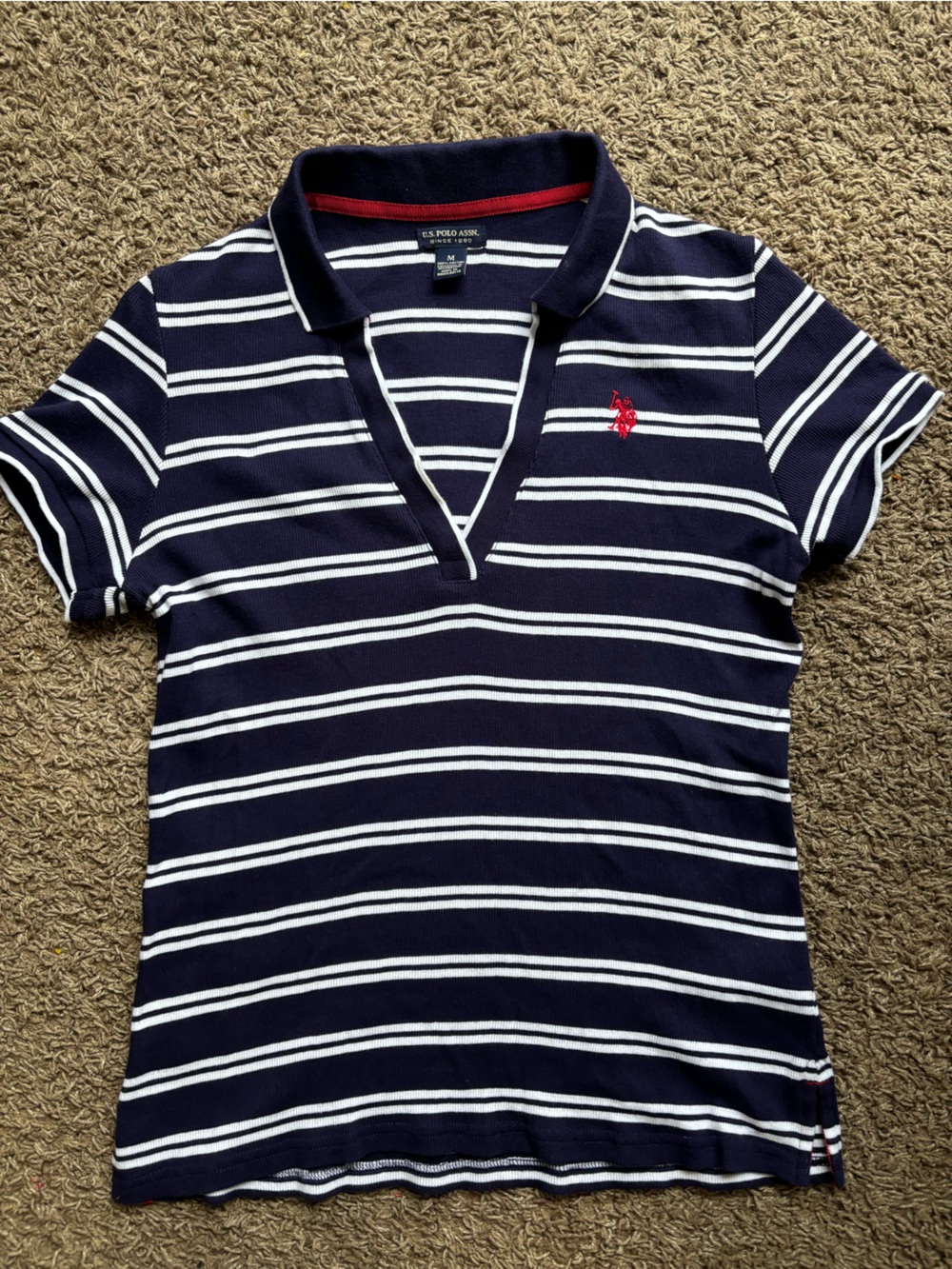 U.S. Polo Assn. Navy and White Striped Short Sleeve Polo Tee with Red Logo